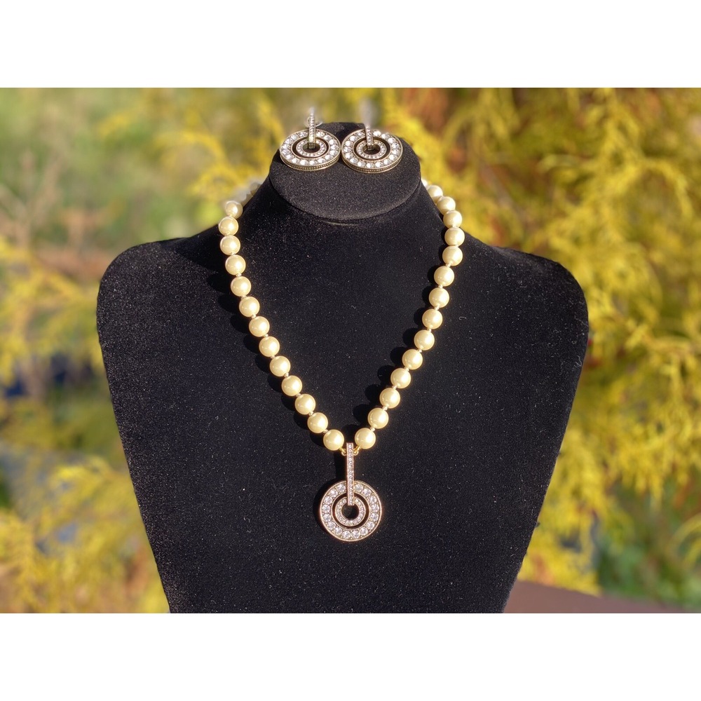 Heidi Daus Brass Ox Plated round circle Crystal Drop Necklace & Earrings set